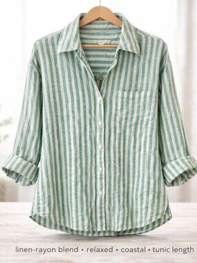 Linen Blend Striped Button Down Tunic Coastal Relaxed XL Universal Thread